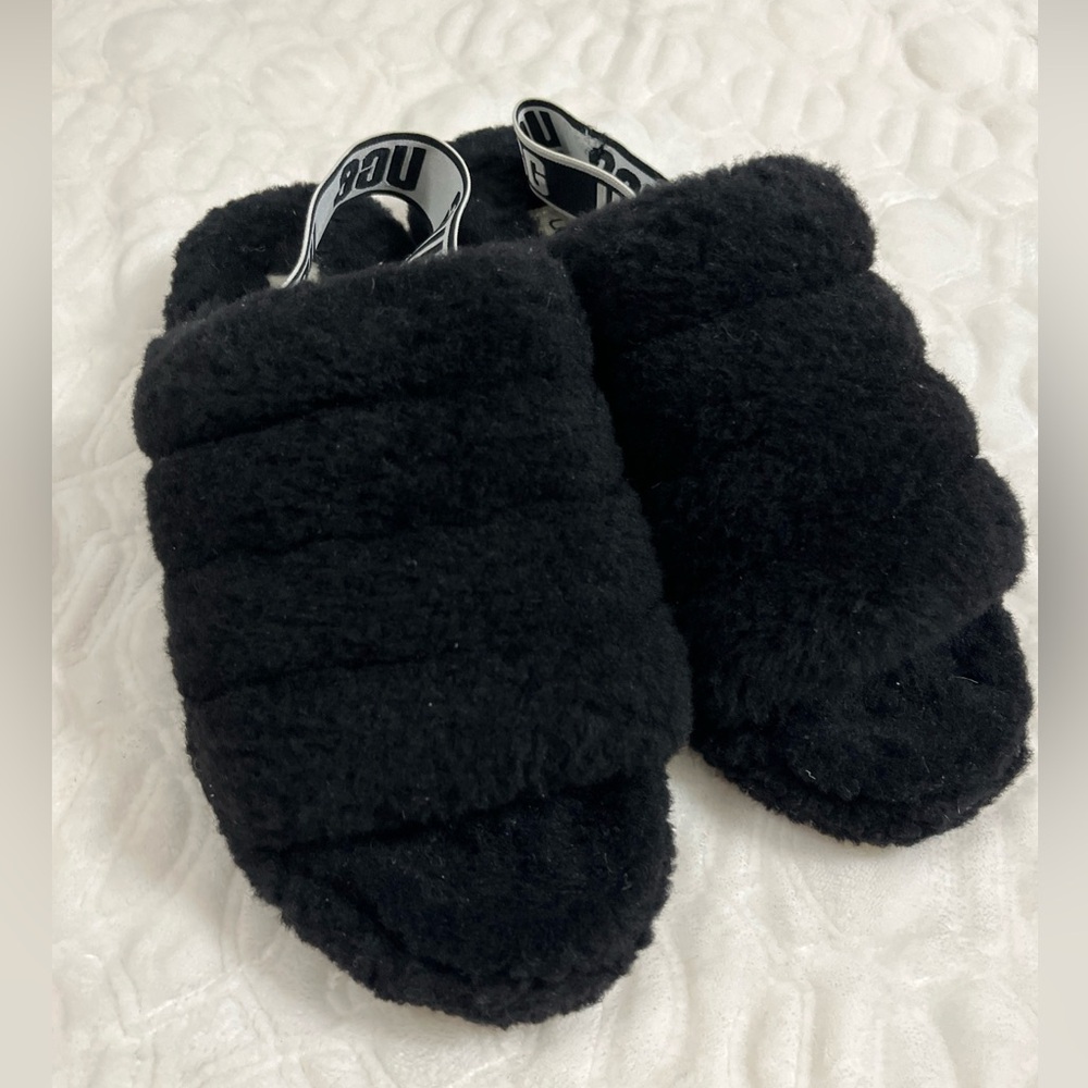 UGG Black Fuzzy Slide Sandals with Branded Heel Strap